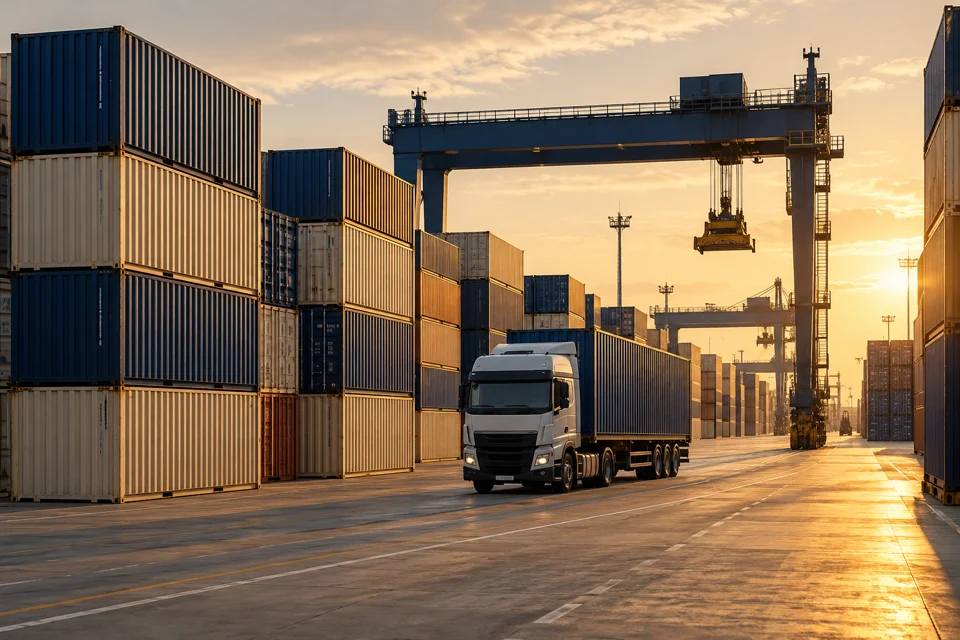 Illustration : conteneurs et transport dans un terminal logistique